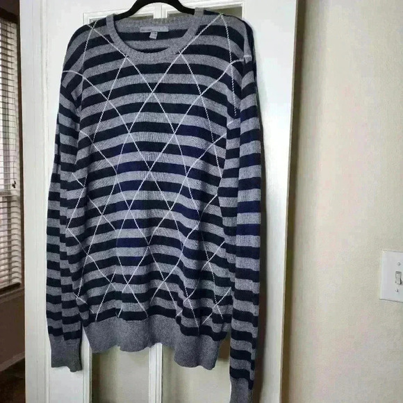 Old Navy Men's Plus Blue Gray Striped Argyle Cotton Wool Knit Cozy Sweater XXL - Picture 2 of 10